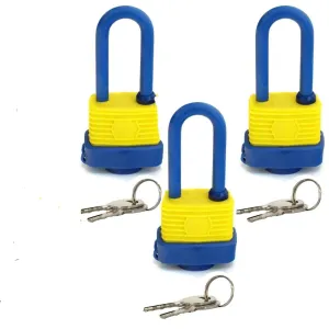 3 Pack of Steel Padlocks 40mm Long Shank Plastic Covered Waterproof Heavy Duty