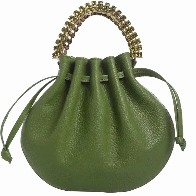 AYLA BAG - GREEN GRASS CALF LEATHER - GREEN OLIVE & YELLOW CITRINE STONES - GOLD HARDWARE