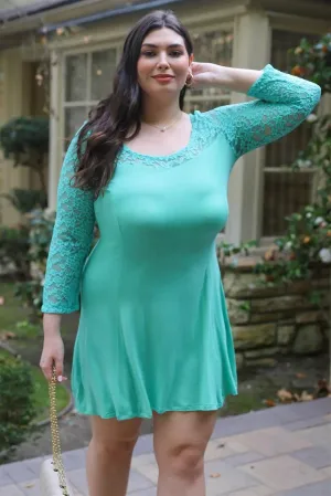Junior Plus Mint Lace Detail Long Sleeve Mini Dress /2-2-2