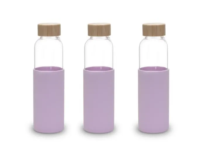 Kuber Industries Water Bottle | Glass Bottle | Sleeve Protection Bottle | Bamboo Lid Water Bottle | Travel Round Bottle | XB5501-PURP | 550 ML | Set of 3 | Purple