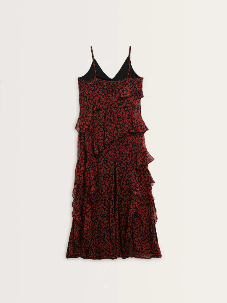 LOV Red Ruffled Floral A-Line Dress