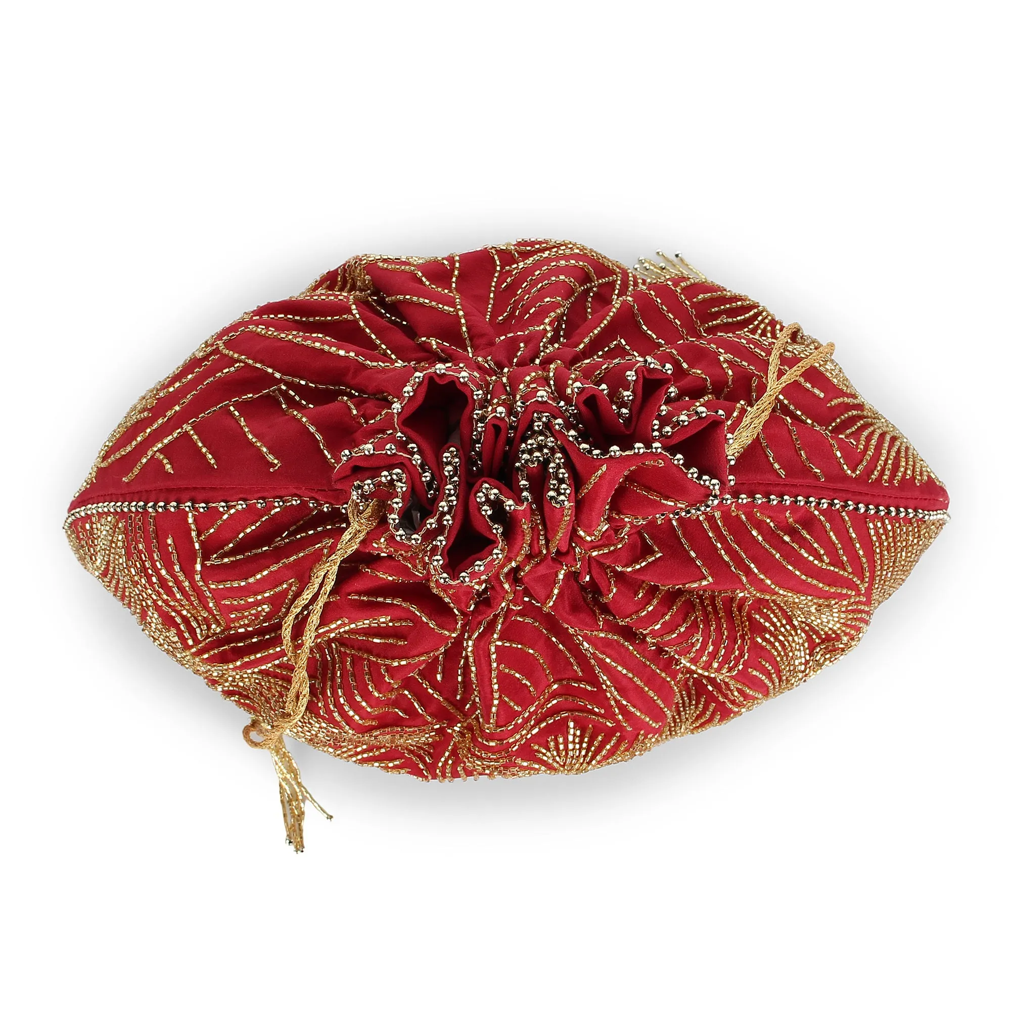 Red Bridal Potli Bag with golden embroidery waves on the front and back