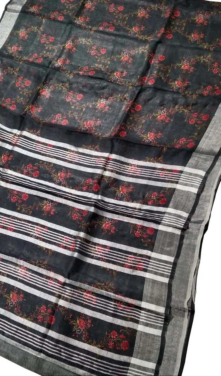 Stunning Black Linen Saree with Floral Print
