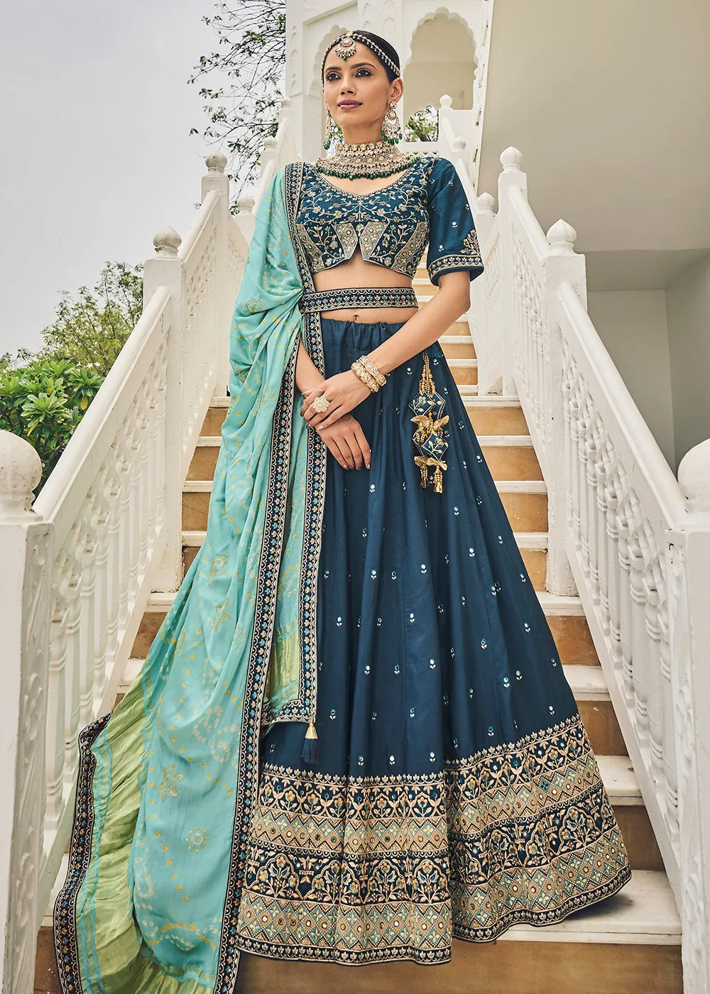 Stunning Blue Viscose Silk Traditional Bridal Lehenga Choli