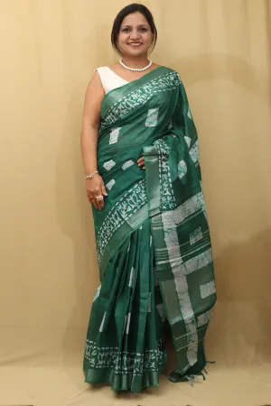 Stunning Green Bhagalpur Linen Saree - Elegant and Timeless