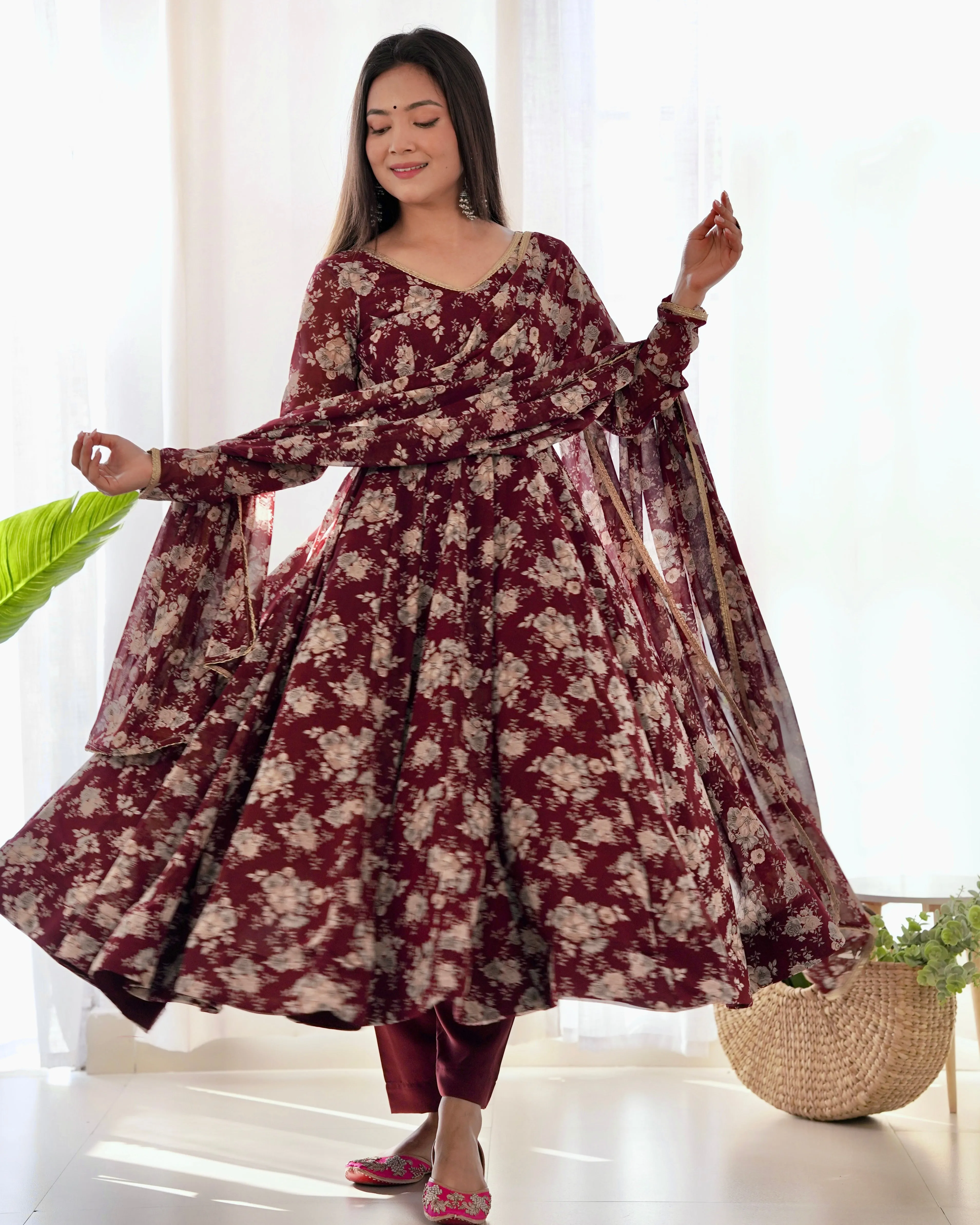 Stunning Maroon Floral Printed Anarkali Salwar Suit