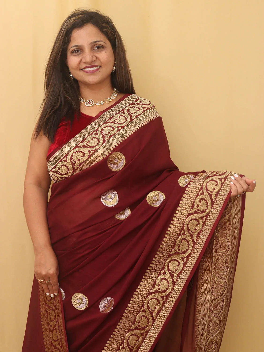 Stunning Maroon Handloom Banarasi Georgette Saree with Sona Roopa
