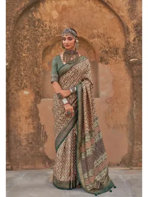 Stunning Olive Viscos Silk Ajrakh and Kalamkari Printed Saree