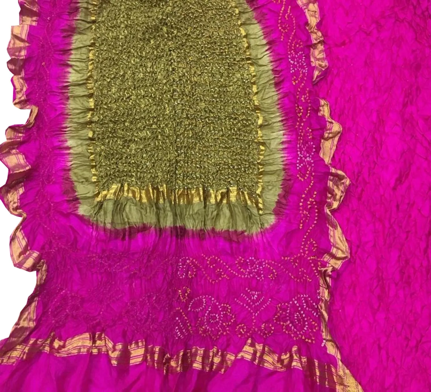 Stunning Pink & Green Bandhani Pure Silk Suit: Unstitched Elegance
