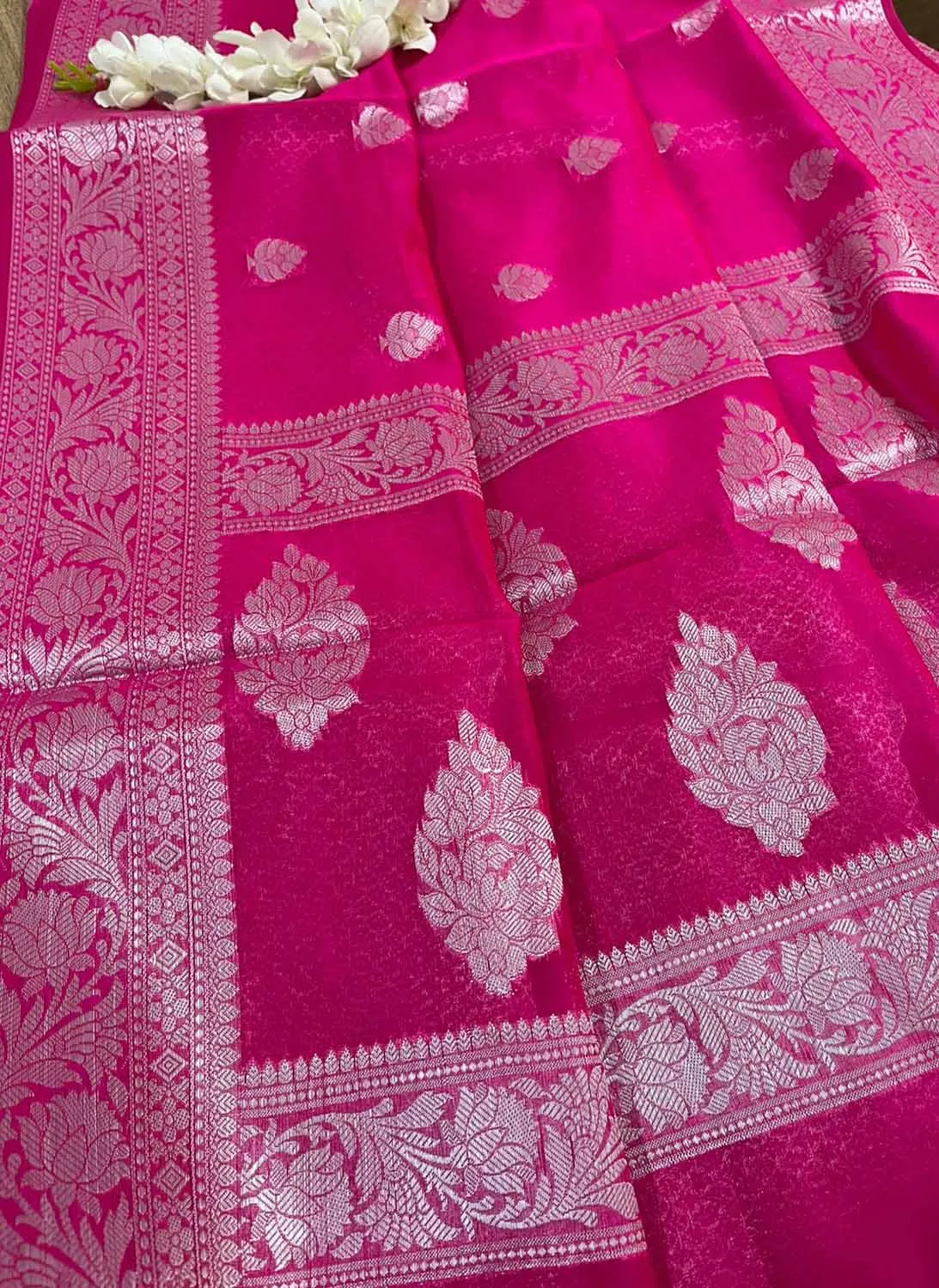 Stunning Pink Banarasi Kora Silk Saree