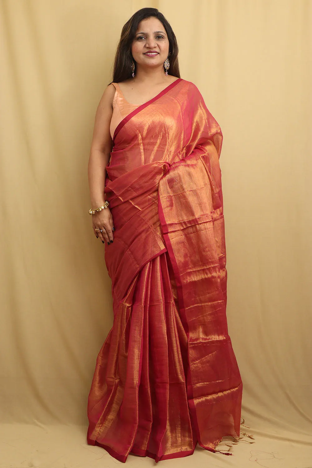 Stunning Pink Bengal Tissue Cotton Saree