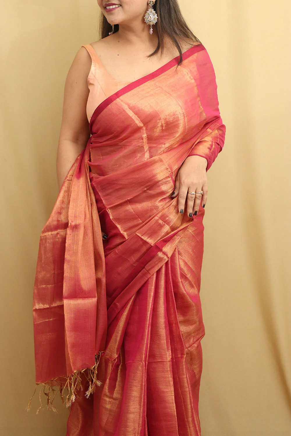 Stunning Pink Bengal Tissue Cotton Saree