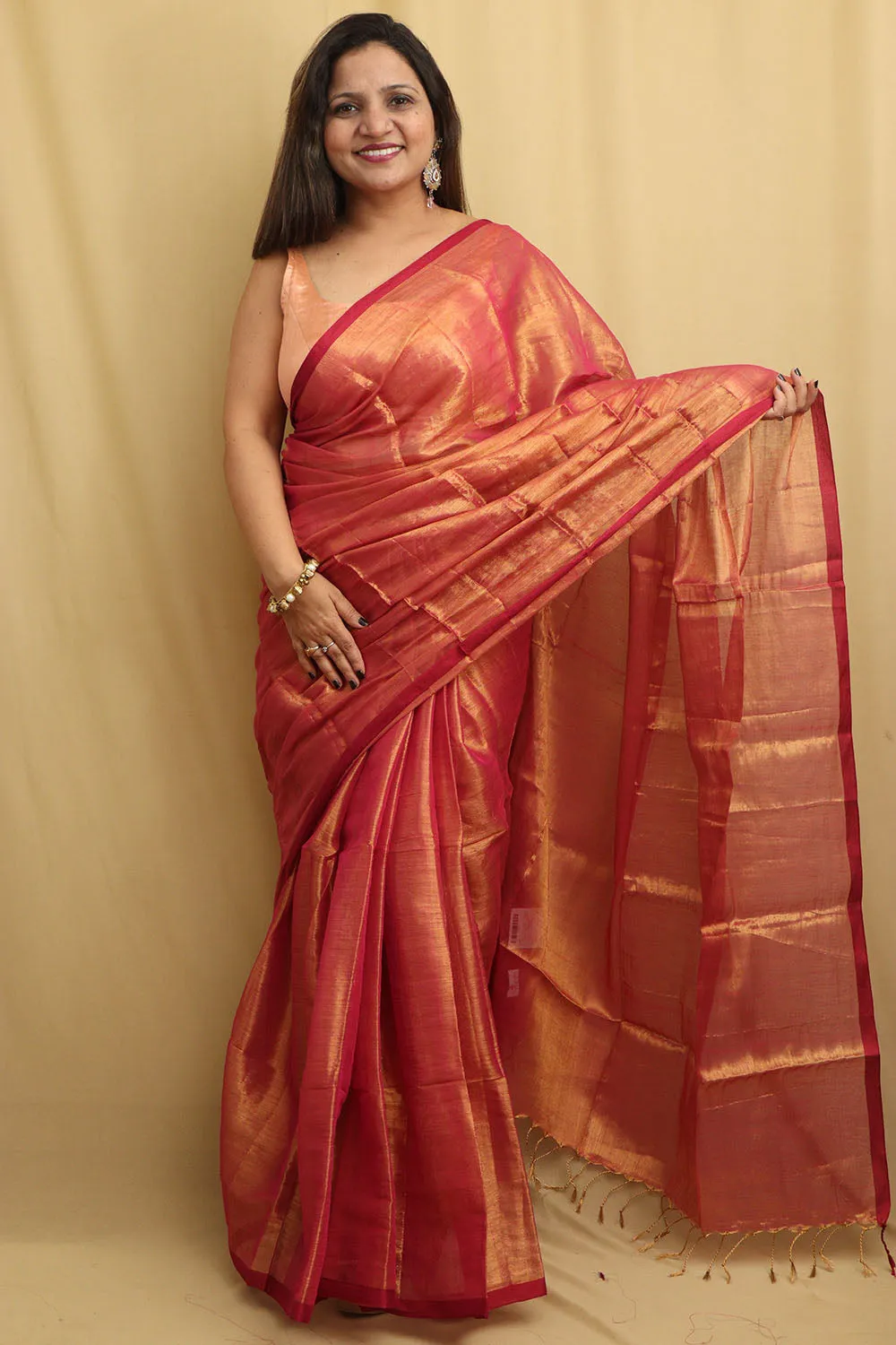 Stunning Pink Bengal Tissue Cotton Saree