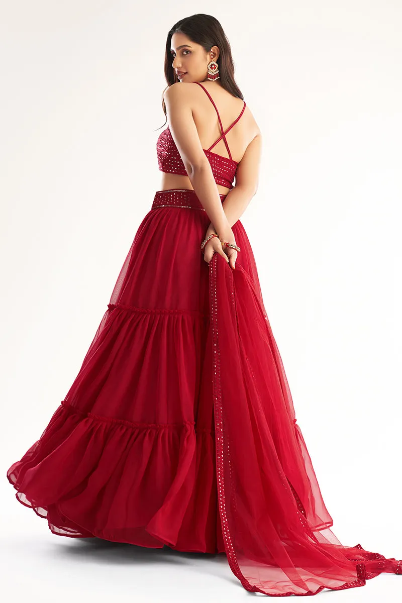 Stunning Red Ruffle Style Georgette Festive Lehenga Choli